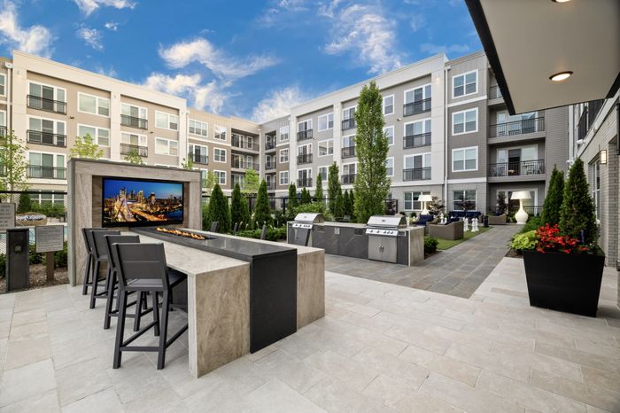 outdoor dining and grilling area with TV, 8-seat bar height stone table and 2 stainless steel gas grilling stations