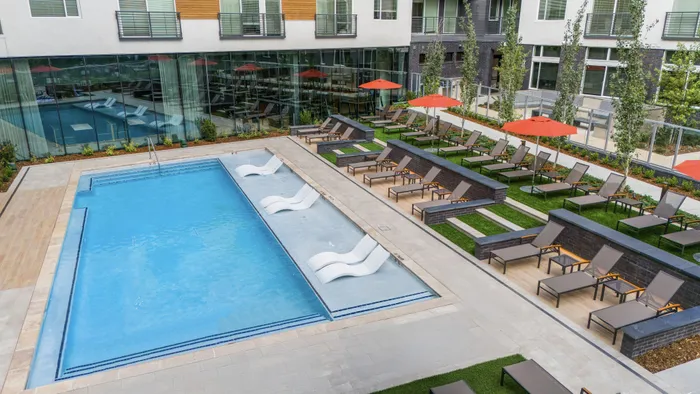 birdseye view of apartment pool with tanning ledge and chairs and two rows of sun loungers next to the pool