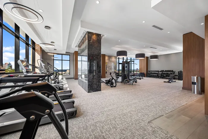 Gym with several cardio equipment, multiuse work out machine and free weights
