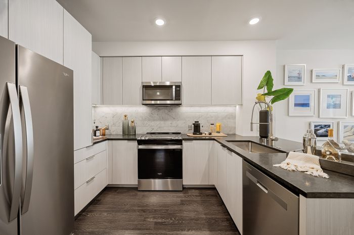 u-shaped kitchen with black counters and white cabinets, black stone counters and stainless steel appliances