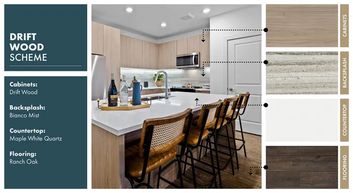 Drift Wood color scheme flyer with cabinet, backsplash, countertop, and flooring details