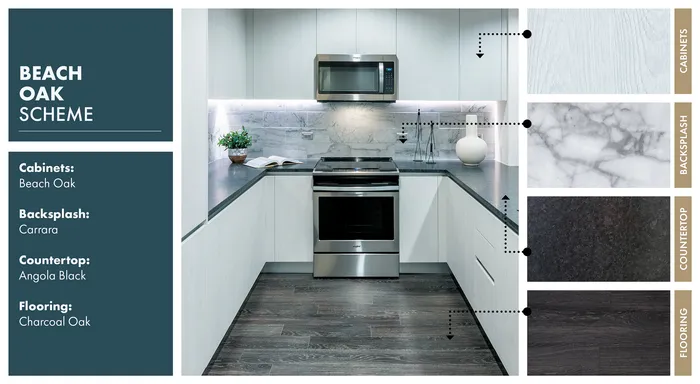 Beach Oak color scheme flyer with cabinet, backsplash, countertop, and flooring details