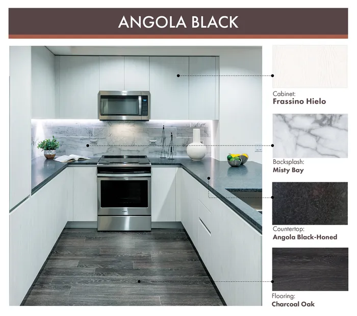 white cabinets, black counter tops, charcoal wood flooring, white marble backsplash
