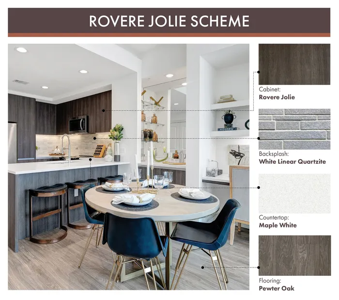 gray-brown cabinets, white countertops, gray-brown wood flooring, light gray backsplash