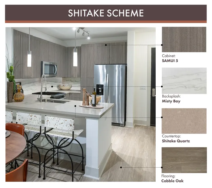 gray-beige cabinets, beige countertops, light wood flooring, white marble backsplash
