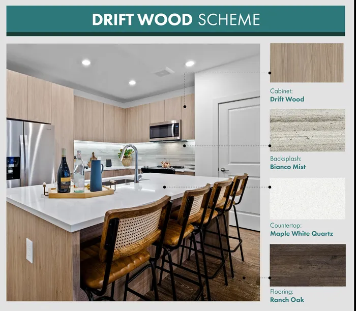 Photo of Drift Wood Scheme - showing light cabinets with light quartz counter tops, and dark hardwood flooring