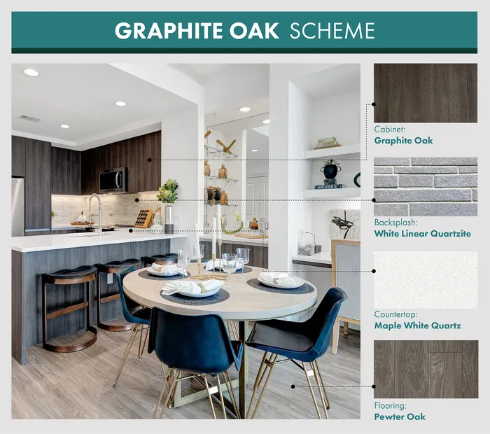 Photo of Graphite Oak Scheme - showing dark cabinets with light quartz counter tops, quartzite backsplash and light hardwood flooring