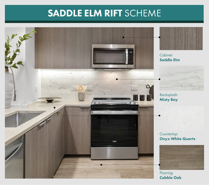 Photo of Saddle Elm Rift Scheme - showing light cabinets with light quartz counter tops, marble backsplash and light hardwood flooring