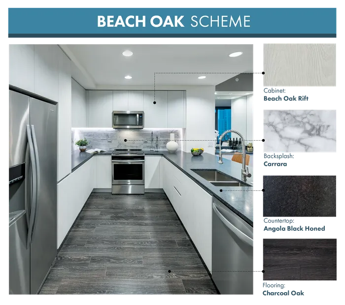 Modern kitchen design with Beach Oak Rift cabinets, Carrara marble backsplash, Angela Black Honed countertops, and Charcoal Oak flooring, exuding elegance and functionality.