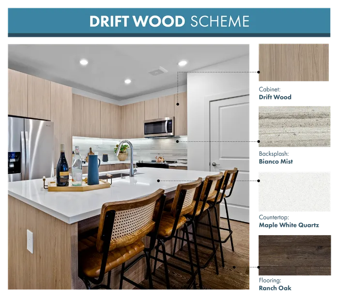 Modern kitchen design featuring Drift Wood cabinets, Bianco Mist backsplash, Maple White Quartz countertop, and Ranch Oak flooring with stylish seating.