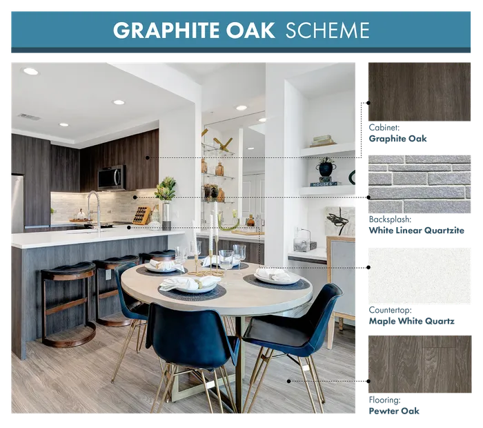 Stunning modern kitchen with Graphite Oak cabinets, White Linear Quartzite backsplash, and Maple White Quartz countertops, complemented by sleek Pewter Oak flooring.