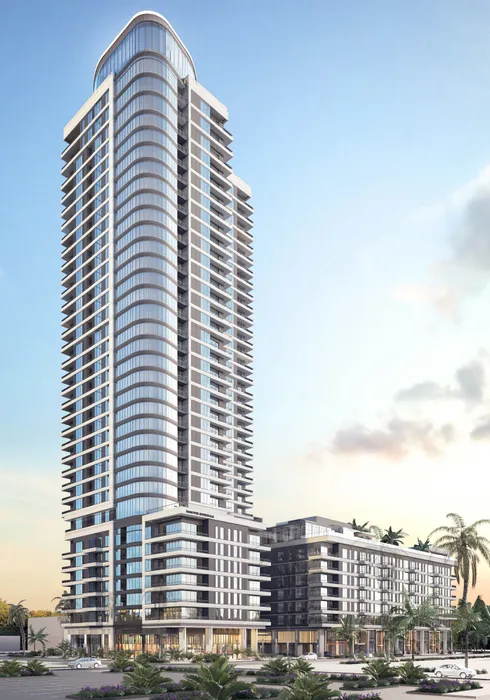 rendering of modern high-rise with sleek glass facade against a clear sky, with palm trees.