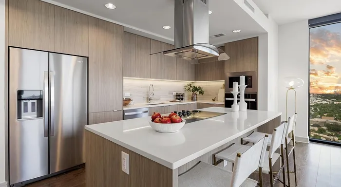 Stylish modern kitchen with sleek wooden cabinets, a spacious island, and stainless steel appliances, complemented by a panoramic city view at sunset.
