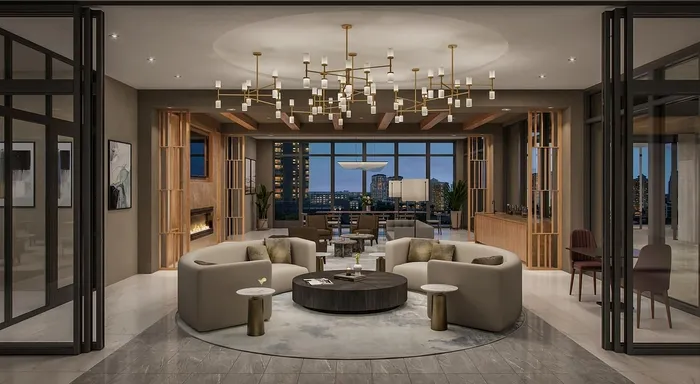 Luxurious, contemporary living space with elegant chandeliers, plush seating, and panoramic city views.