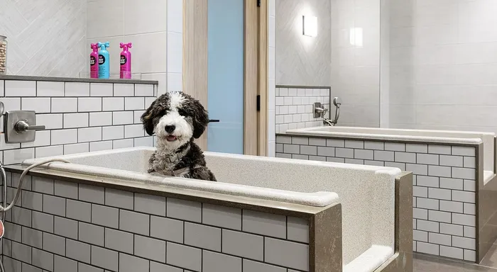 Charming dog grooming station featuring modern tiled wash basins and a happy pup, highlighting pet-friendly amenities.