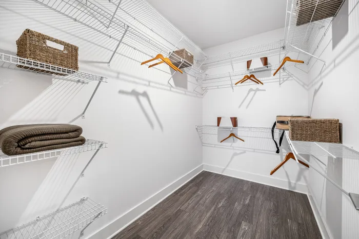 Spacious walk-in closet with elegant wire shelving and natural wood hangers, perfect for modern storage solutions.