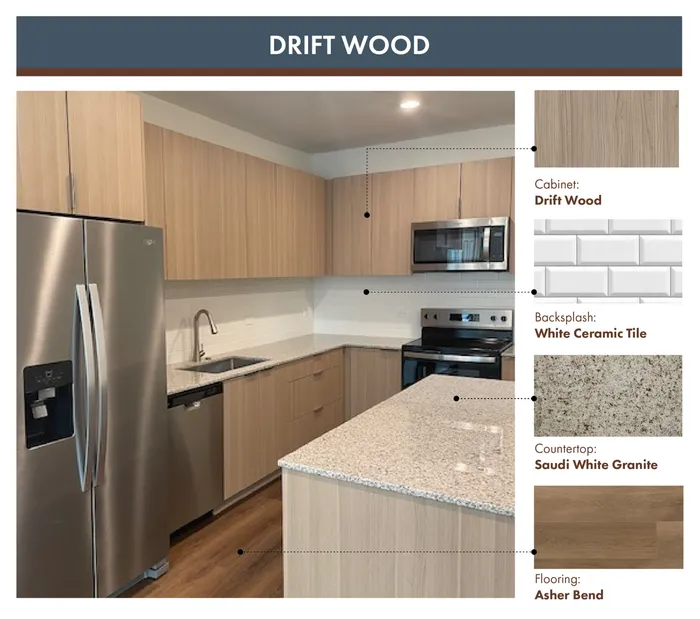 Modern kitchen design with Drift Wood cabinets, sleek stainless steel appliances, White Ceramic Tile backsplash, elegant Saudi White Granite countertops, and warm Asher Bend flooring.