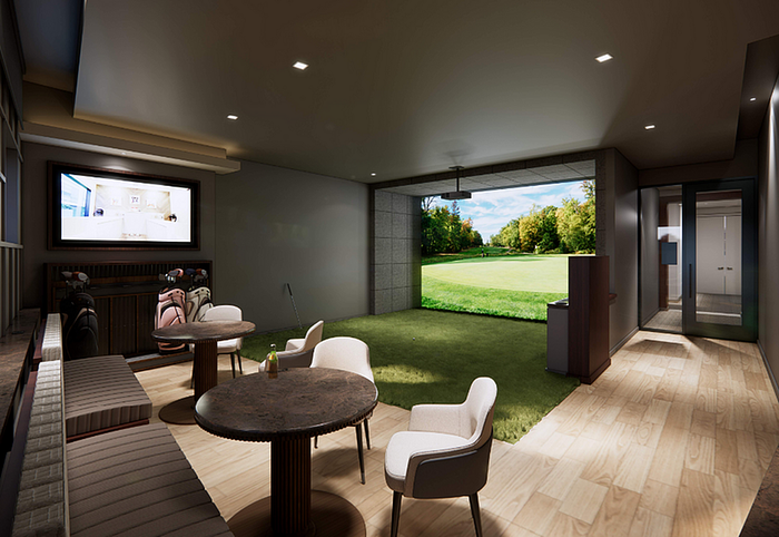 Elite indoor golf simulator room with panoramic outdoor view, and modern seating; perfect for entertainment and relaxation.