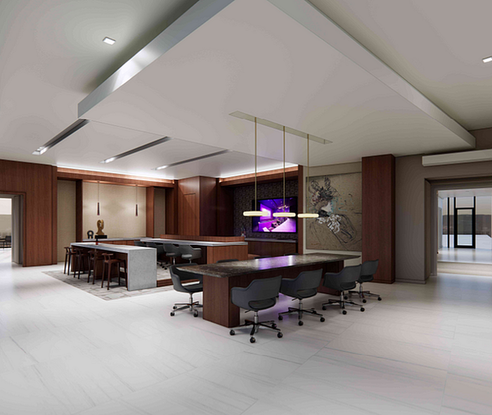 Modern and elegant meeting area featuring sleek wooden accents, contemporary lighting, and a spacious table set for collaborative work.
