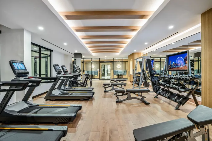 Modern fitness center with state-of-the-art treadmills, sleek wooden floors, and ample natural lighting.
