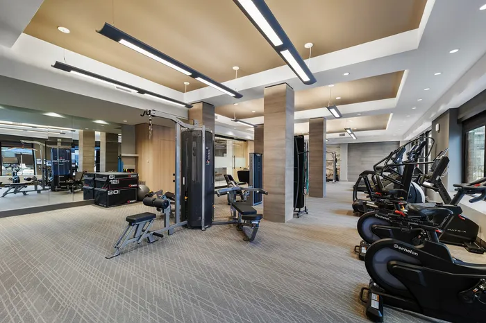Modern fitness center with state-of-the-art equipment, sleek design, and ample natural light.