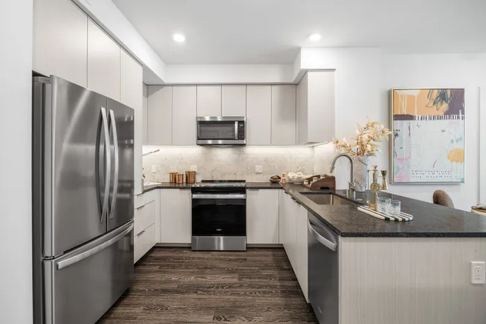 Modern kitchen with sleek stainless steel appliances, elegant marble backsplash, and stylish wooden cabinetry, perfect for culinary enthusiasts.