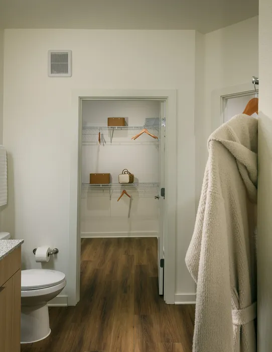 Inviting apartment bathroom with elegant hardwood floors leading to a spacious walk-in closet, featuring modern fixtures and ample storage.