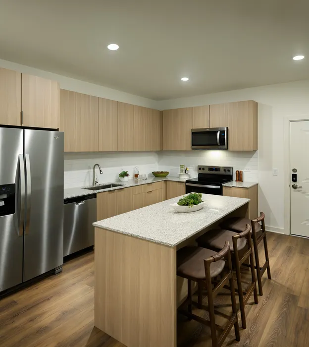 Modern kitchen with sleek stainless steel appliances, elegant quartz countertops, and stylish wood cabinetry, creating an inviting culinary space.