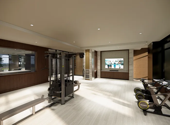 Modern gym area with state-of-the-art exercise equipment, stylish wood paneling, and flat-screen TV for an upscale fitness experience.