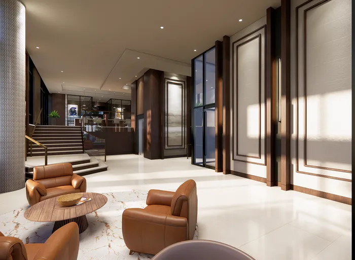 Elegant apartment lobby with luxurious leather chairs, modern wood accents, and sleek marble flooring.