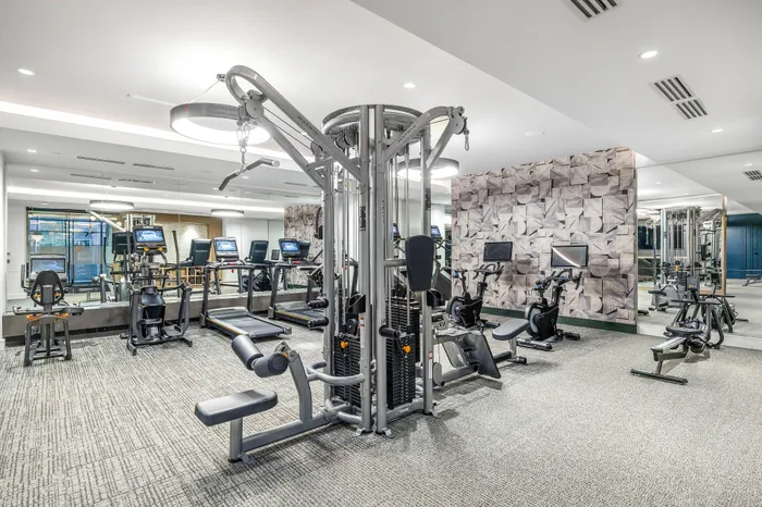 Modern apartment gym with state-of-the-art exercise machines, sleek decor, and large mirrors for a dynamic workout experience.