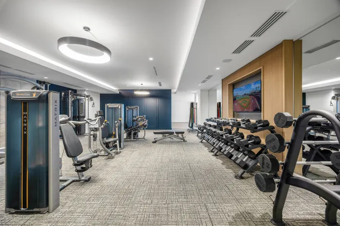 Modern fitness center with state-of-the-art gym equipment, free weights, and sleek design, perfect for an energetic workout session.