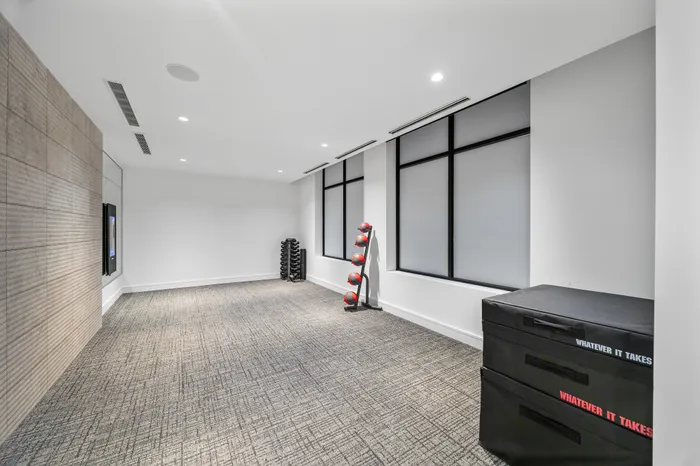 Modern fitness room with sleek carpet, stacked weights, and vibrant exercise equipment under stylish lighting.