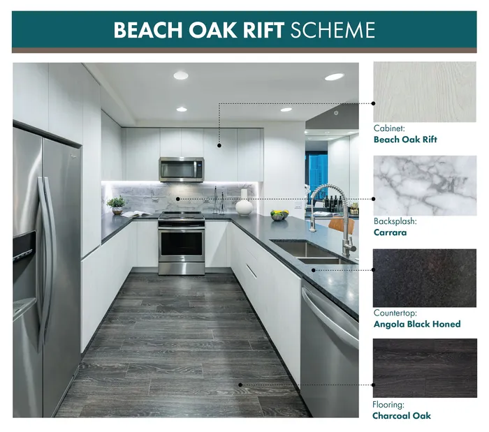 Modern kitchen with Beach Oak Rift cabinets, Carrara backsplash, Angola Black Honed countertops, and Charcoal Oak flooring.