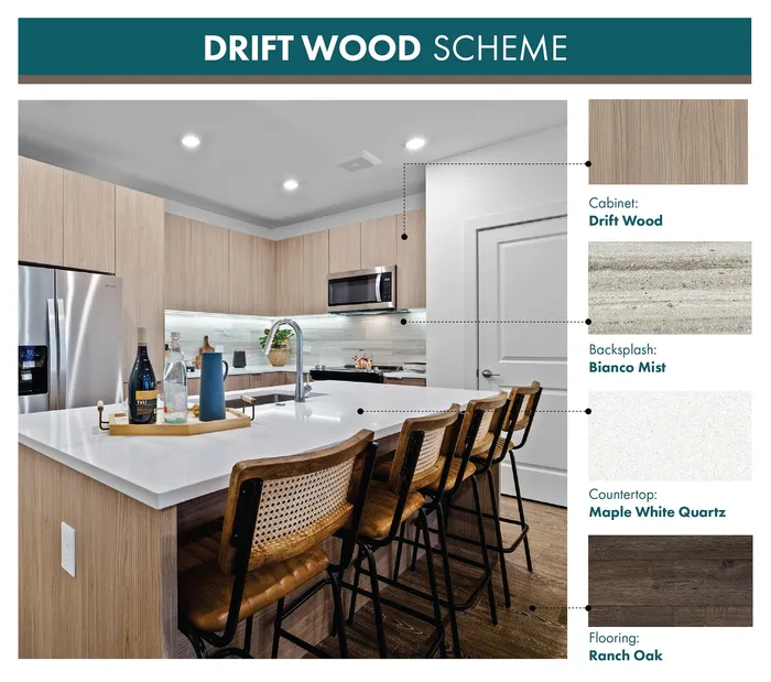 Chic kitchen design with Drift Wood cabinets, Bianco Mist backsplash, and Maple White Quartz countertop. Features stylish bar seating and Ranch Oak flooring.