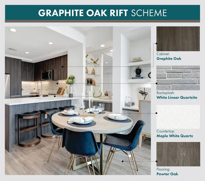 Modern kitchen with Graphite Oak cabinets, Maple White Quartz countertops, and White Linear Quartzite backsplash, featuring elegant dining area and Pewter Oak flooring.