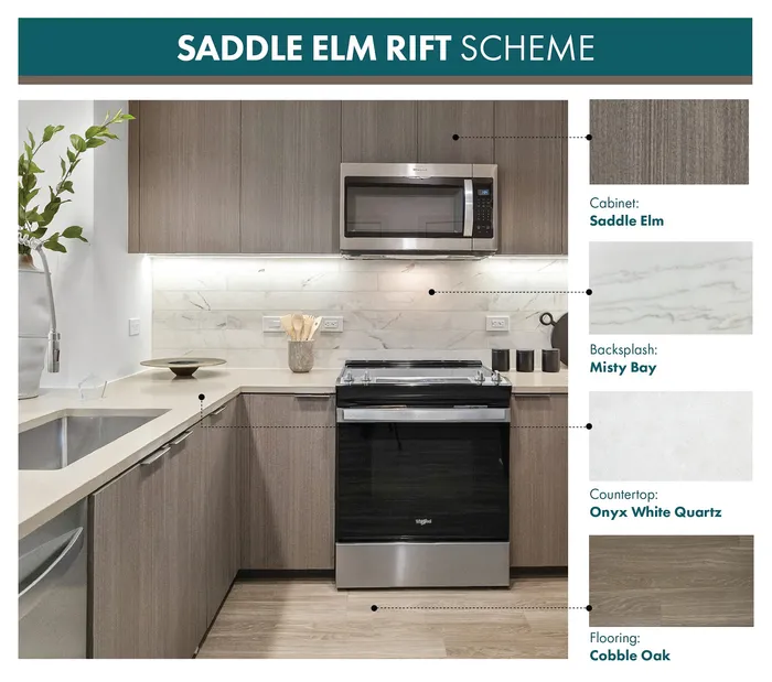 Elegant kitchen design featuring Saddle Elm cabinets, Misty Bay backsplash, and Onyx White Quartz countertops, complemented by Cobble Oak flooring for a modern touch.