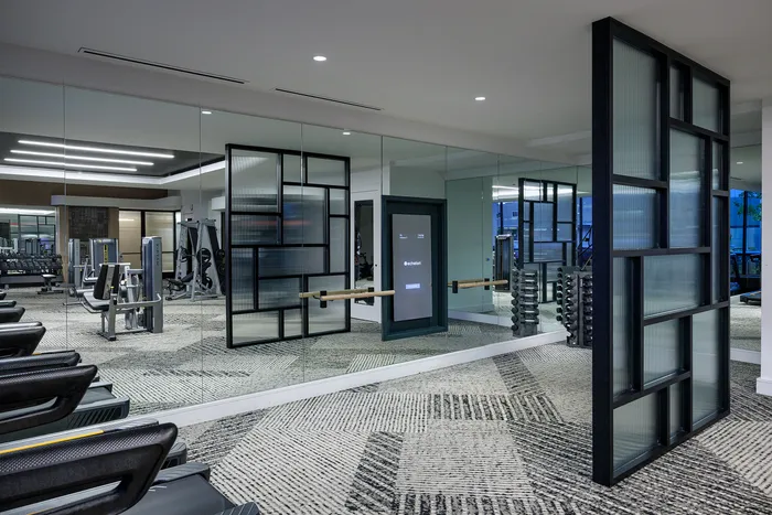 Modern gym space with state-of-the-art equipment, sleek mirrored walls, and stylish geometric decor.