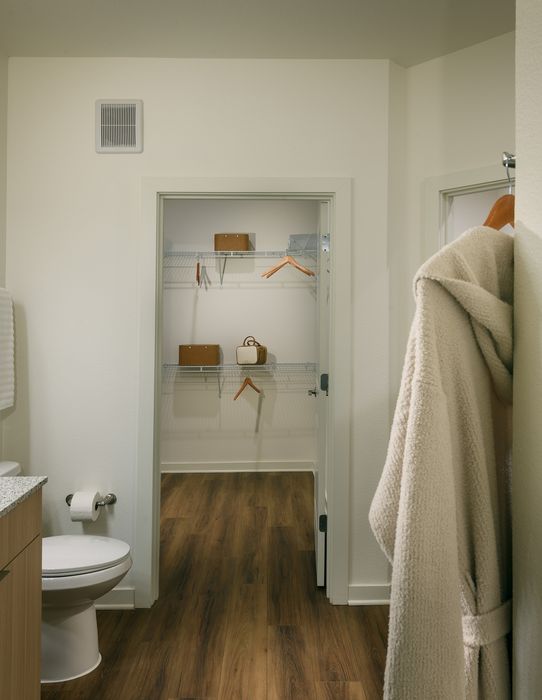 Chic bathroom with stylish hardwood floors leading to a spacious walk-in closet, perfect for organizing wardrobe essentials.