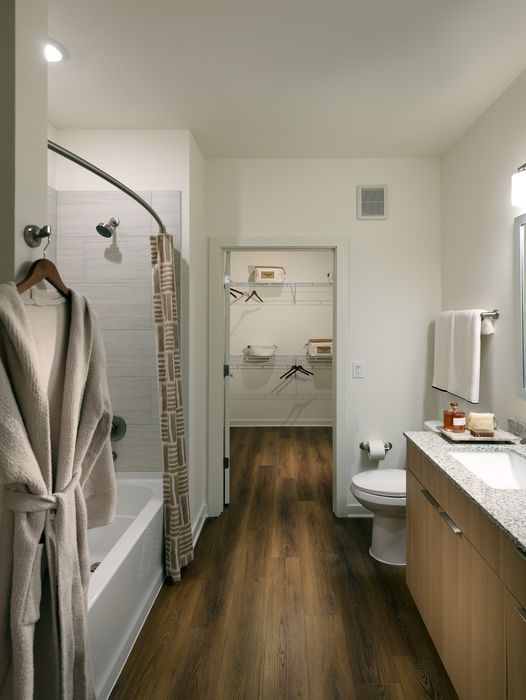 Elegant bathroom with a granite countertop, stylish wooden flooring, and a view into a spacious walk-in closet.