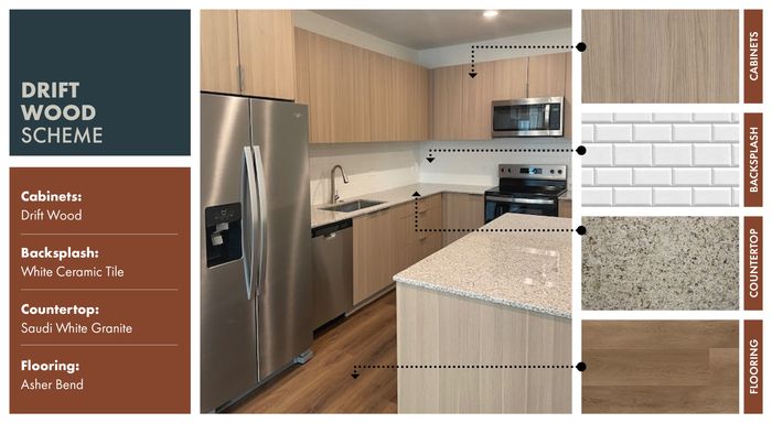 Modern kitchen design with Drift Wood cabinets, sleek white ceramic tile backsplash, luxurious Saudi White Granite countertops, and elegant Asher Bend flooring.
