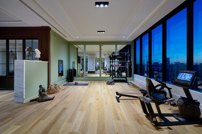 Luxurious apartment gym with modern equipment, hardwood floors, and panoramic city views.