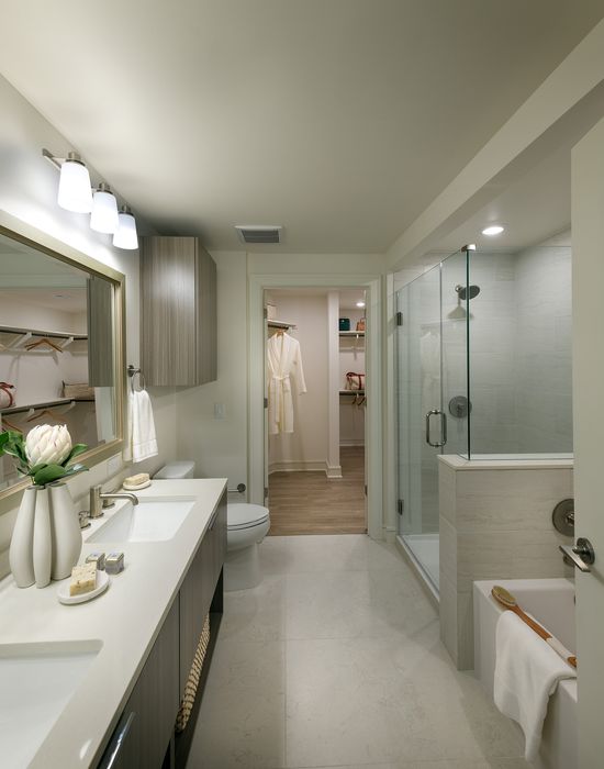 Modern bathroom oasis with dual sinks, elegant lighting, and a spacious glass-enclosed shower leading to a walk-in closet.