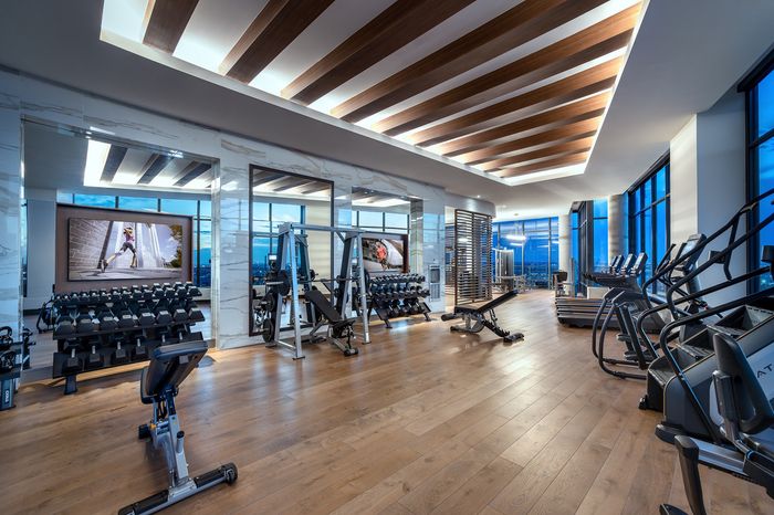 Luxurious modern gym with state-of-the-art equipment, featuring floor-to-ceiling windows and sleek wood flooring, creating an inviting workout atmosphere.