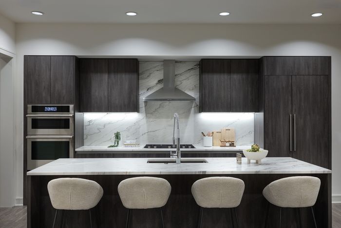 Modern kitchen with sleek dark wood cabinets, marble countertops, and stainless steel appliances, offers a stylish and functional space for cooking and entertaining.