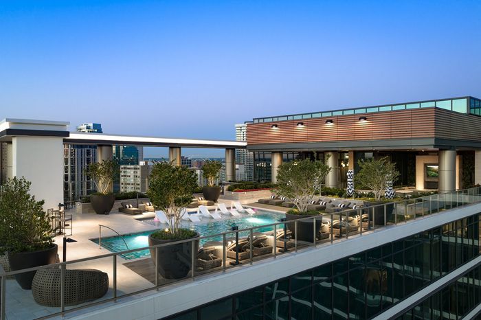 Luxurious rooftop pool and lounge area with contemporary design, outdoor seating, and lush greenery overlooking the city skyline.