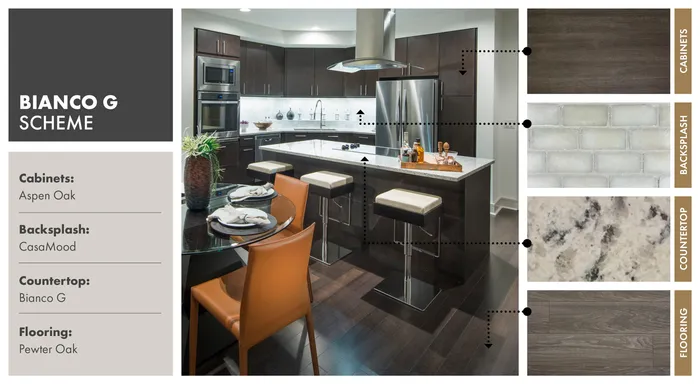 Modern kitchen featuring the Bianco G scheme with sleek Aspen Oak cabinets, CasaMood backsplash, and Bianco G countertop. Elegant Pewter Oak flooring complements the design, creating a stylish and functional cooking space.