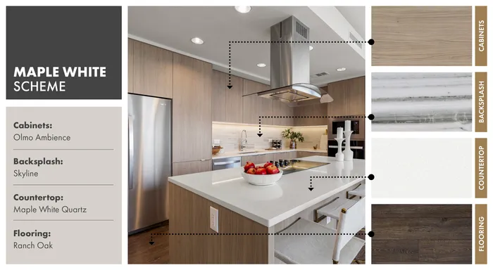 Elegant kitchen showcasing the Maple White Scheme with Olmo Ambience cabinets, Skyline backsplash, Maple White Quartz countertop, and Ranch Oak flooring.