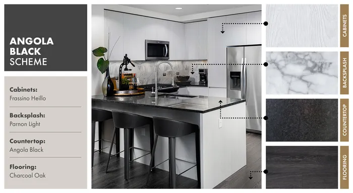 Modern kitchen design featuring Angola Black scheme with sleek Frassino Heillo cabinets, Parnon Light backsplash, Angola Black countertop, and Charcoal Oak flooring.