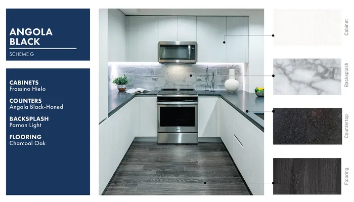 Elegant kitchen design featuring Angola Black scheme with Frassino Hielo cabinets, Angola Black-Honed counters, Parnon Light backsplash, and Charcoal Oak flooring.